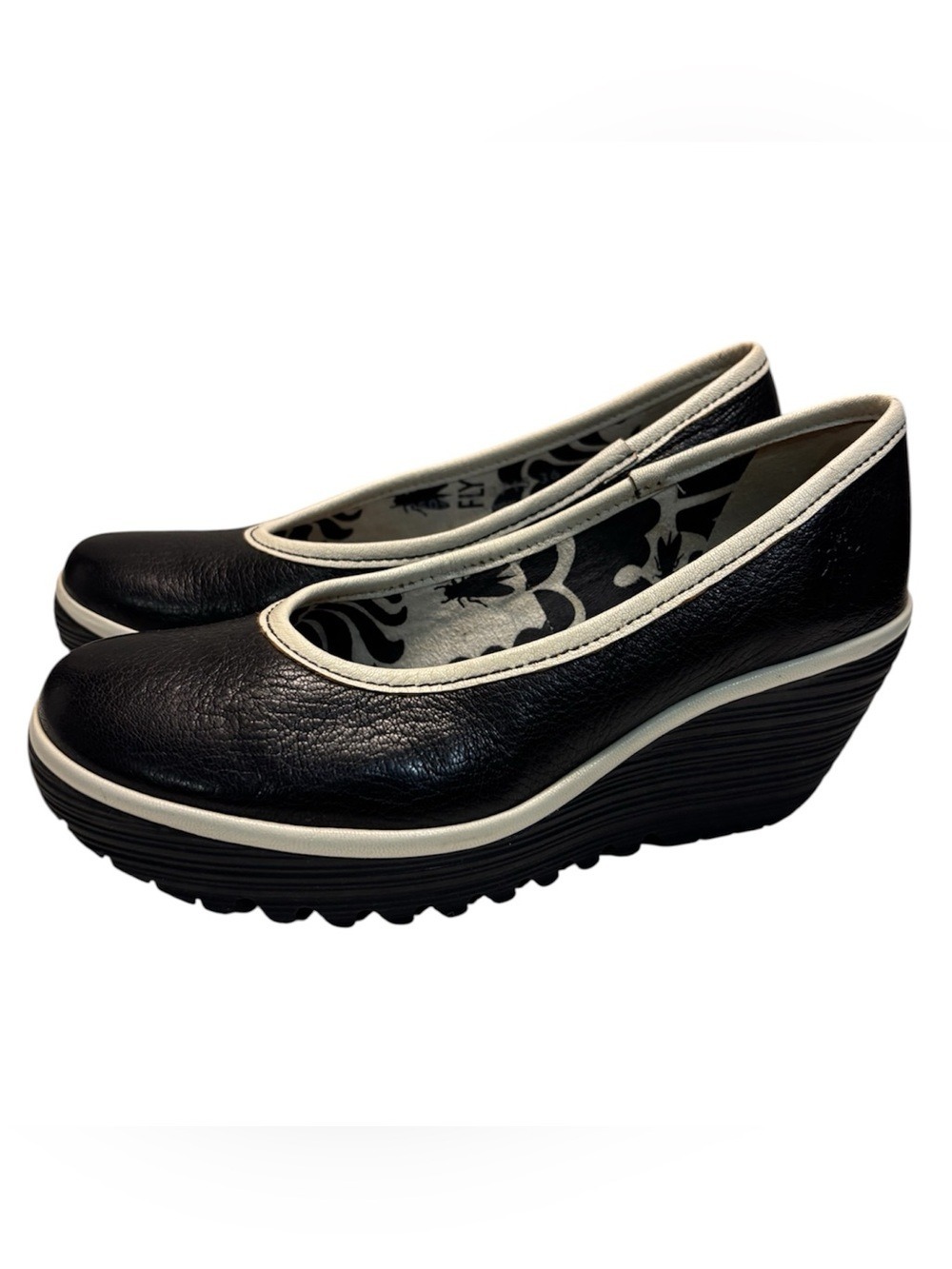 Fly London Black with Cream Trim Wedge Ballet Flats
